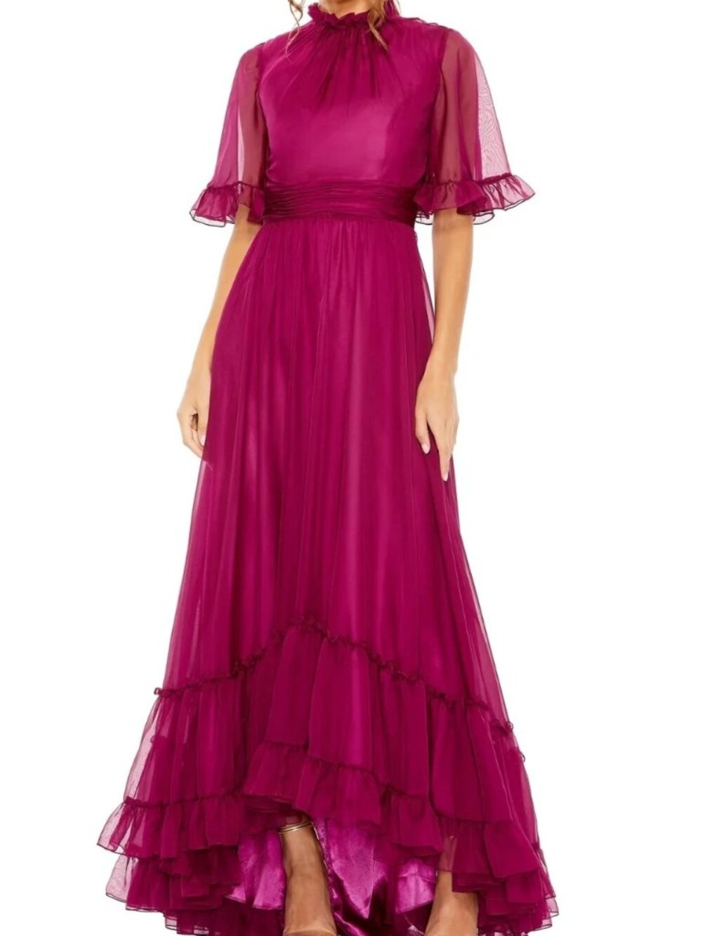 Mac Duggal Magenta Ruffled High Neck Flutter Sleeve Gown